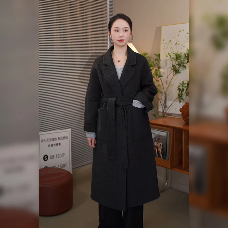 浴袍款双面呢绵羊毛大衣女士百搭宽松中长款时尚气质款秋冬季外套