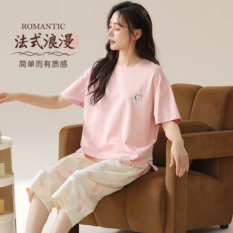 纯棉睡衣女士春夏季大码可爱家居服2024新款夏天七分裤卡通两件套
