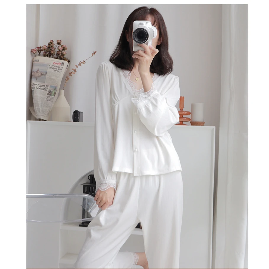 睡衣春秋款女莫代尔棉长袖家居服可外穿蕾丝花边时尚高级感两件套