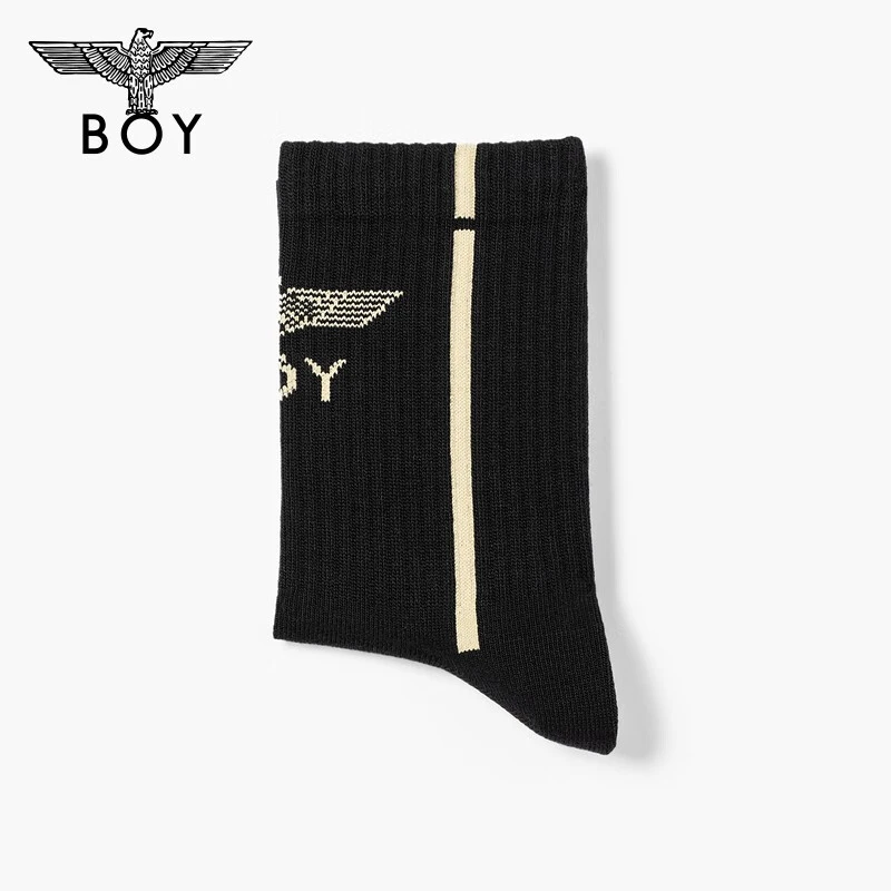 BOYLONDON23秋季新品男女同款老鹰logo运动休闲黑色中筒袜 N81003