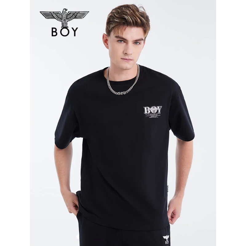 BOYLONDON潮牌短袖秋季新品男女同款烫钻银币黑色时尚T恤N01002