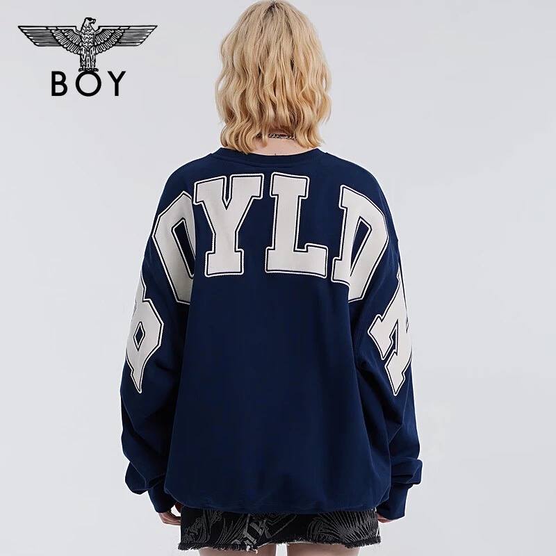 BOYLONDON23秋新品男女同款宽松学院徽章刺绣蓝色套头卫衣 N03012