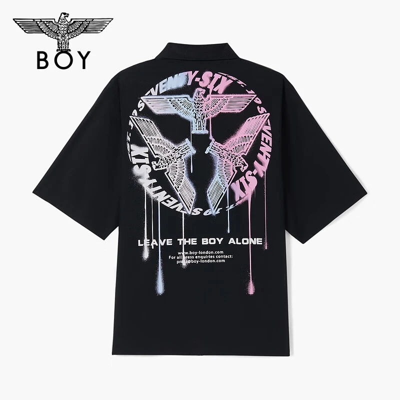 BOY春夏24新品男女同款短袖炫彩三鹰标印花潮酷黑色N22003