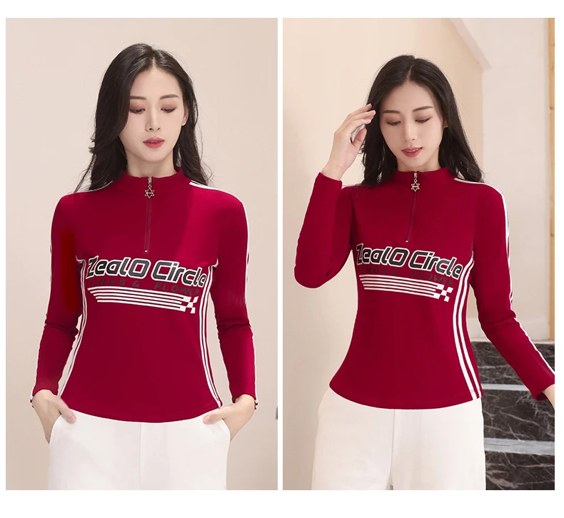 2024秋冬新款加绒磨毛螺纹棉拉链长袖字母T恤运动健身广场舞上衣