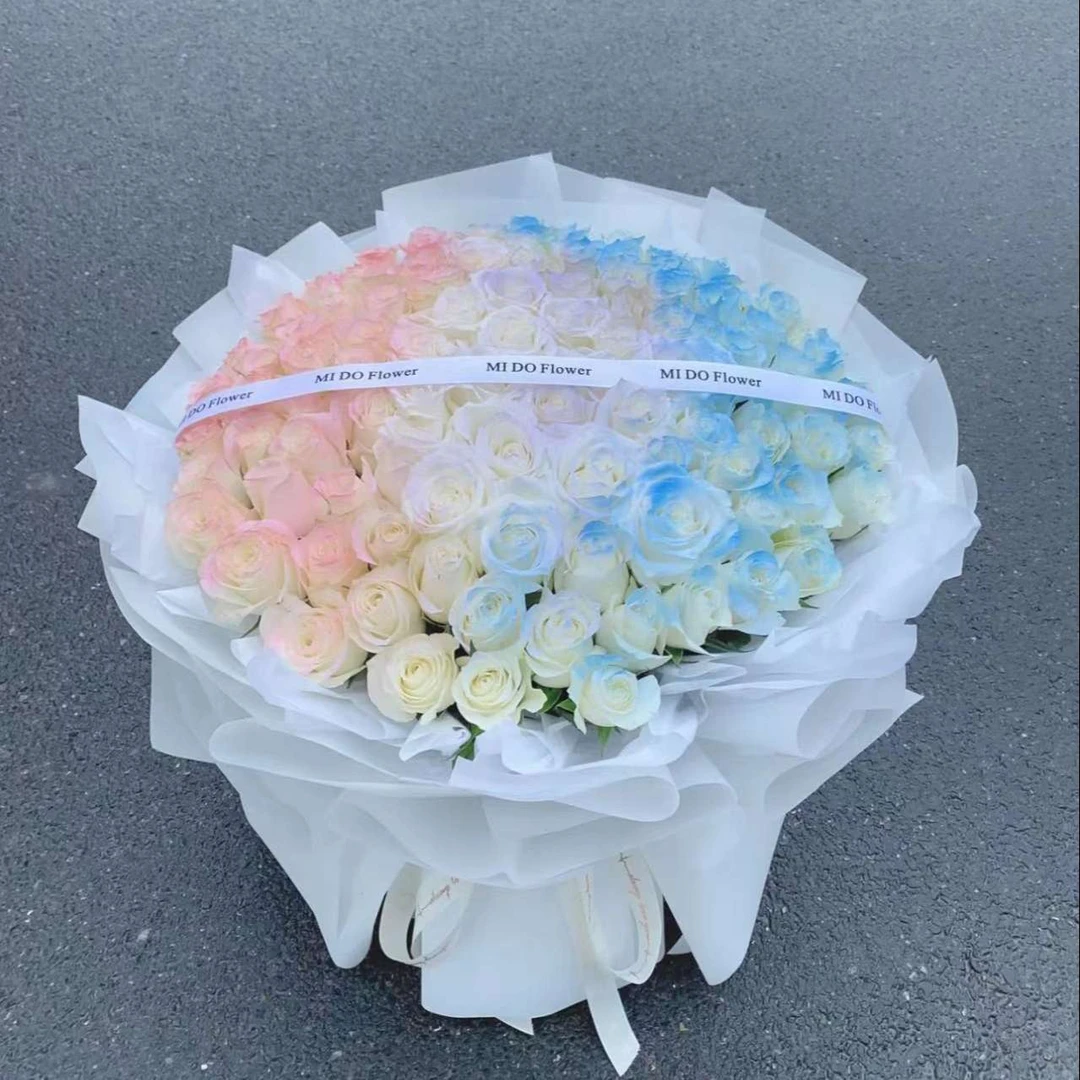 【是小公主】99枝白玫瑰喷色碎冰蓝薄雾紫火烈鸟粉三拼花束仪式感生日约会见面花束送女友恋人鲜花订购同城配送