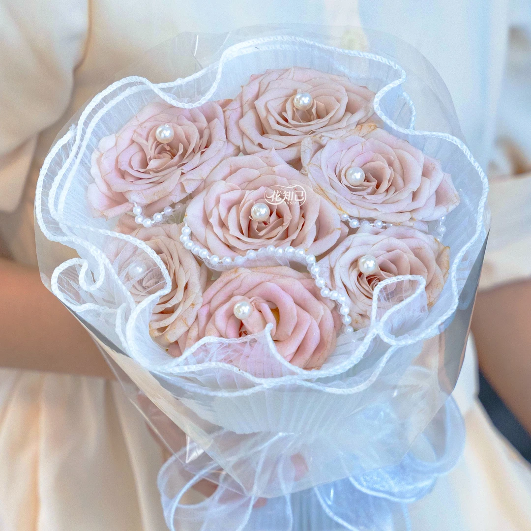 【珠圆玉润】7枝卡布奇诺玫瑰带珍珠仙女风见面约会节日纪念日仪式感生日送女友闺蜜鲜花订购同城配送