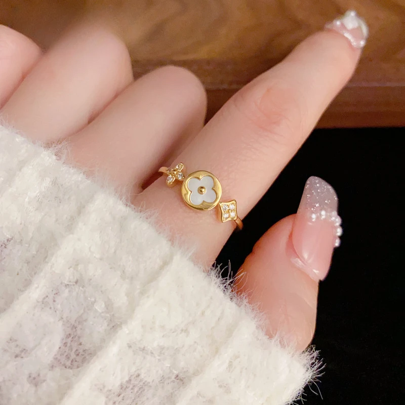 合金贝壳戒指 可调节戒指四叶花开口戒高级感小众设计简约气质