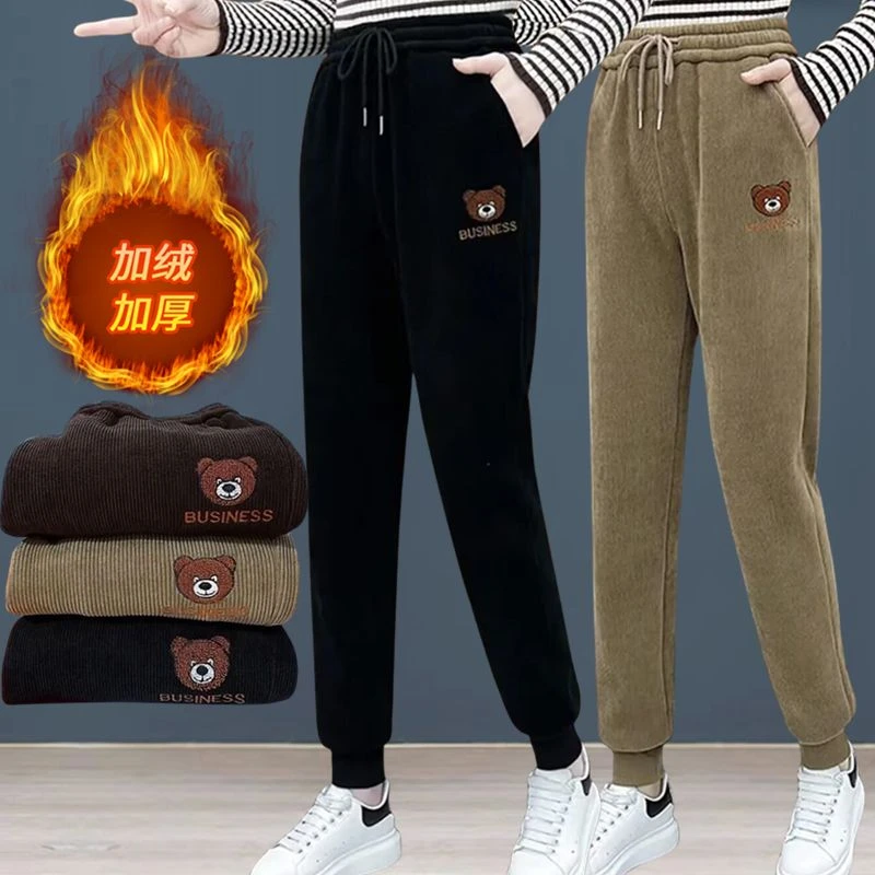 Etam/艾格加绒加厚束脚细条绒休闲裤女羊羔绒秋冬卫裤时尚运动裤