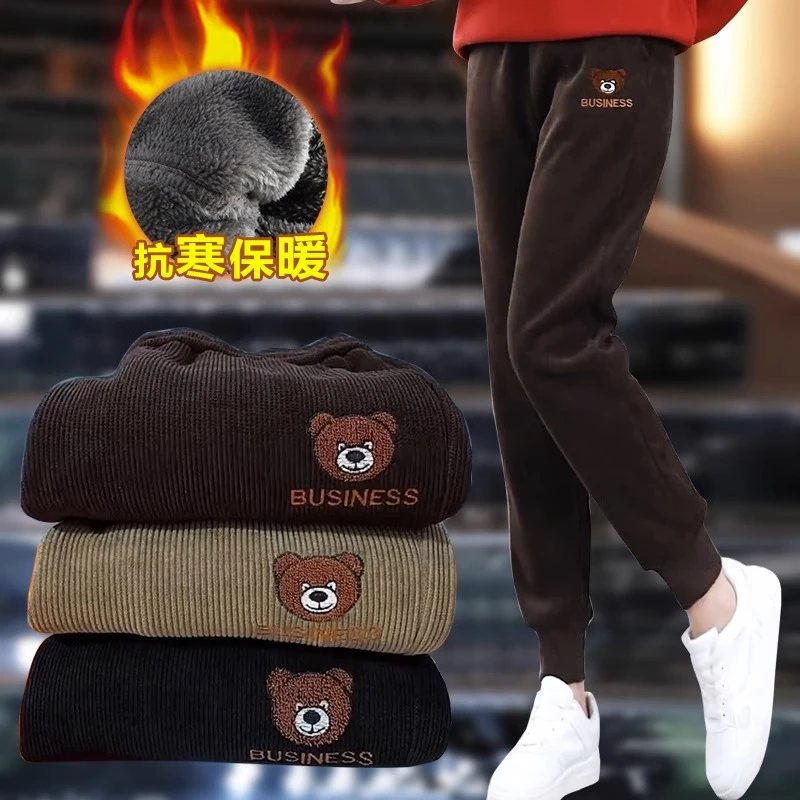 Etam/艾格加绒加厚休闲裤女秋冬新款刺绣小熊卫裤运动哈伦束脚裤