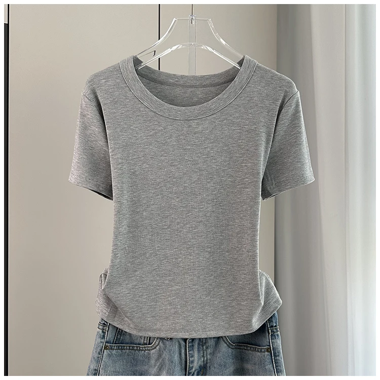 高品质正肩短袖T恤女2025夏季螺纹休闲百搭上衣基础款灰色打底衫