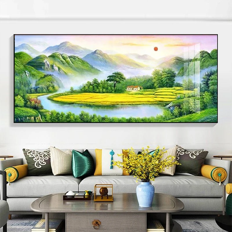 旭日东升客厅装饰画墙壁山水画聚宝盆横版挂画壁画客厅背景墙挂画