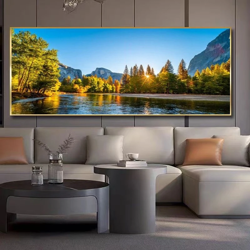 山水流水图挂画客厅沙发背景墙装饰画高级感聚宝盆挂画轻奢晶瓷画