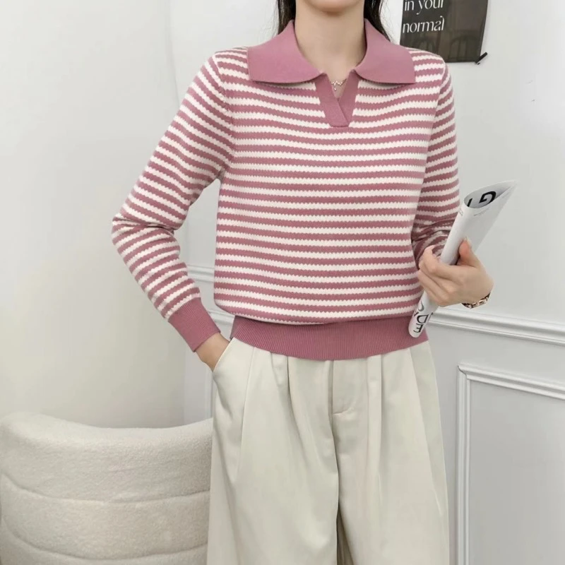 秋冬季新款韩版翻领套头长袖针织衫气质上衣打底内搭条纹针织衫女