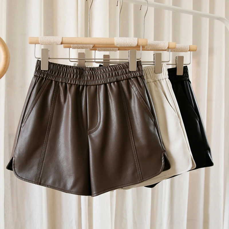 松紧腰洋气PU皮时尚短裤女秋冬2023新款外穿百搭显瘦宽松休闲裤子