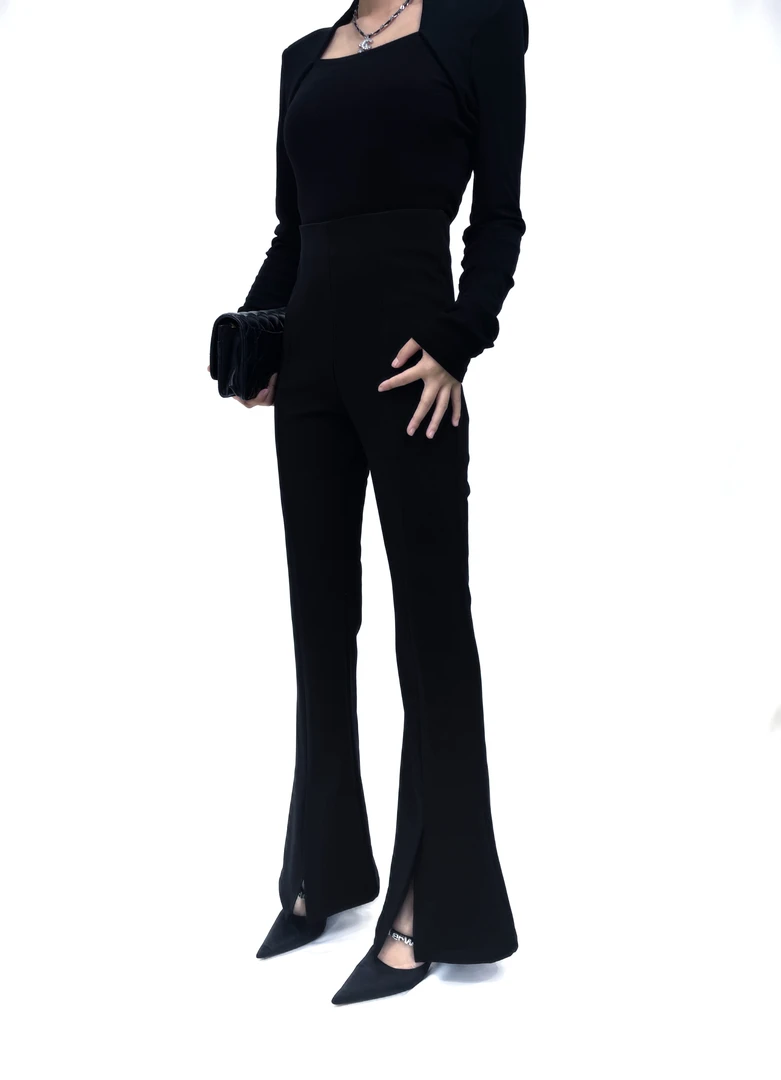 【麦尚忆定制】腰部侧拉链高腰显瘦开衩垂感净版喇叭裤紧身女微喇裤