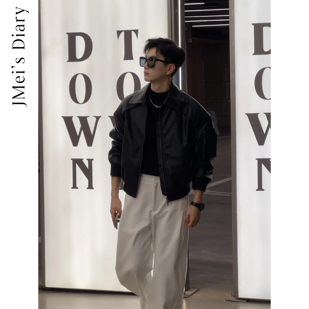 JMei's Diary韩系漆皮结构机车短款皮衣外套休闲复古百搭美式痞帅