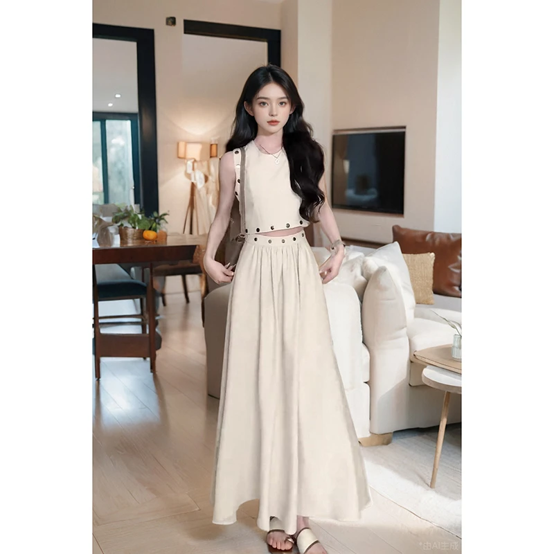 2024新款法式气质复古无袖短款上衣+高腰百搭半身裙女夏时尚套装