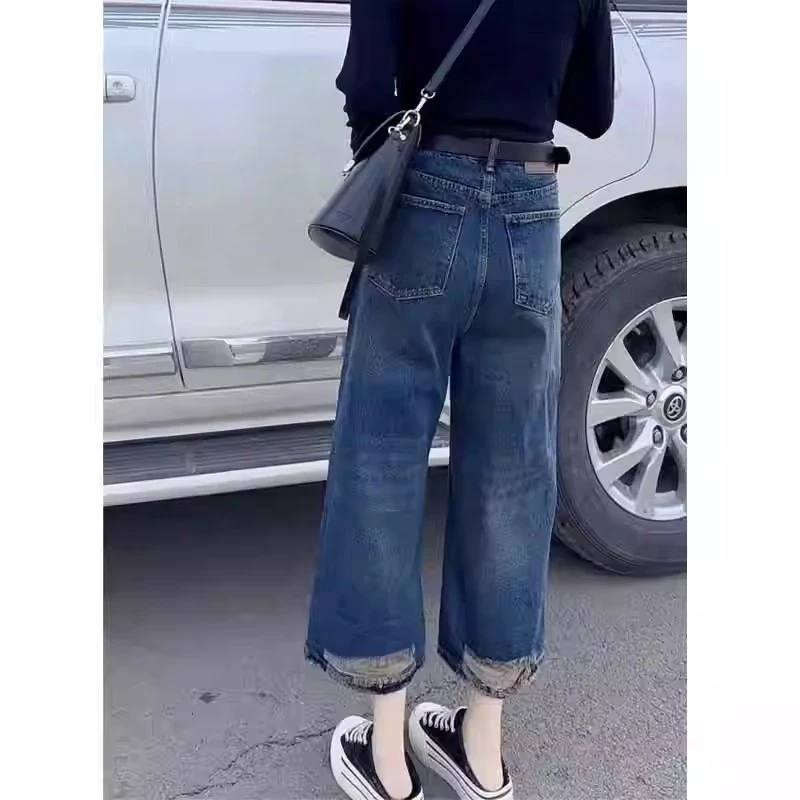 小个子高腰阔腿直筒裤女大码2024夏季薄款百搭显瘦破洞烟管牛仔裤