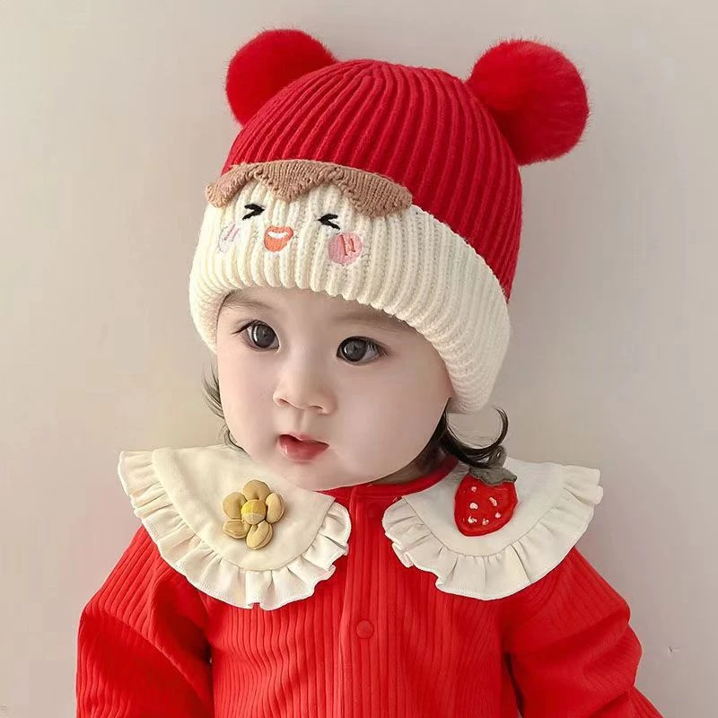 宝宝帽子秋冬季可爱毛球套头帽婴幼儿针织毛线加厚护耳男女超萌潮