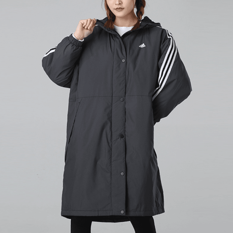 阿迪达斯黑色长款棉服外套女装冬季新款运动休闲服保暖夹克GF0025