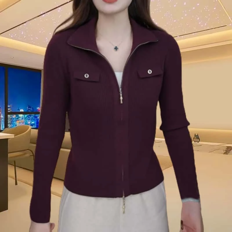 春季气质长袖针织开衫女2025新款时尚拉链休闲百搭大码上衣女