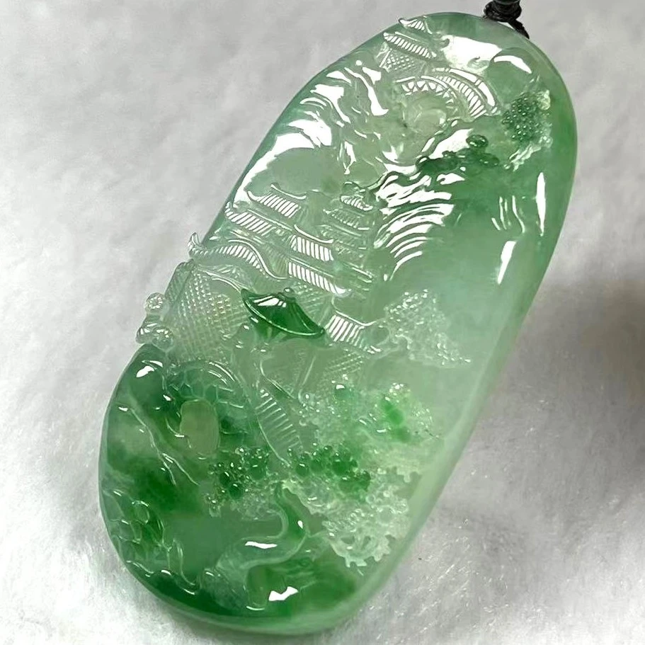 鹏珊翡翠冰飘色厚装山水牌-孤品PS-B22#飘花灵动高端大气