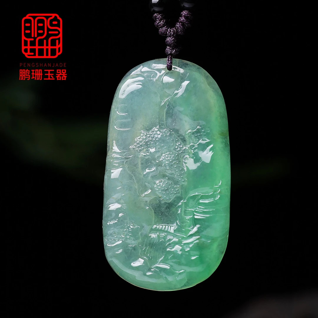 天然A货翡翠牌子吊坠绿底山水牌冰透精雕玉坠牌子B54孤品