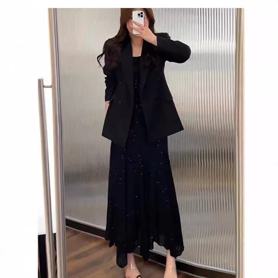 【现货】大码女装春秋微胖mm女款套装小西装外套烫钻吊带裙两件套