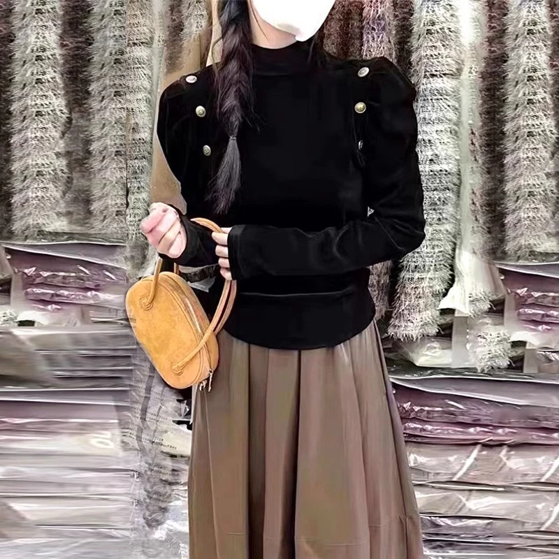 韩版2024春秋新款洋气泡泡袖丝绒上衣女显瘦半高领长袖T恤打底衫