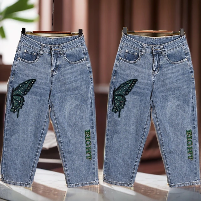 高腰重工刺绣蝴蝶牛仔裤女七分哈伦裤宽松显瘦百搭新款夏季小个子