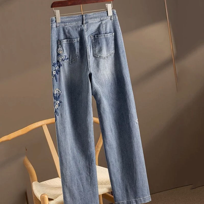 梨形身材重工蓝色刺绣直筒牛仔裤子修身显瘦秋冬2024新款牛仔长裤
