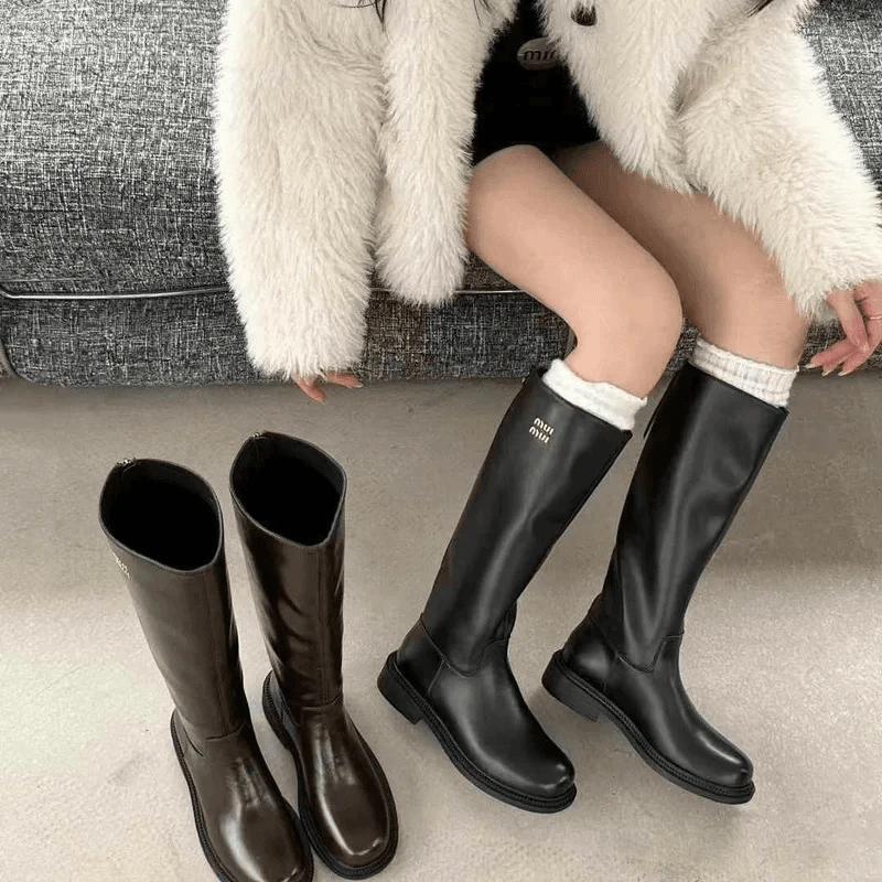 2024秋冬新皮面长靴女不过膝高筒靴粗跟骑士靴复古平底马丁靴单靴