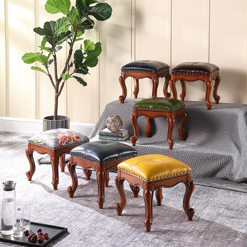 美式实木小凳子客厅真皮凳子茶几矮凳欧式小板凳换鞋凳沙发凳方凳
