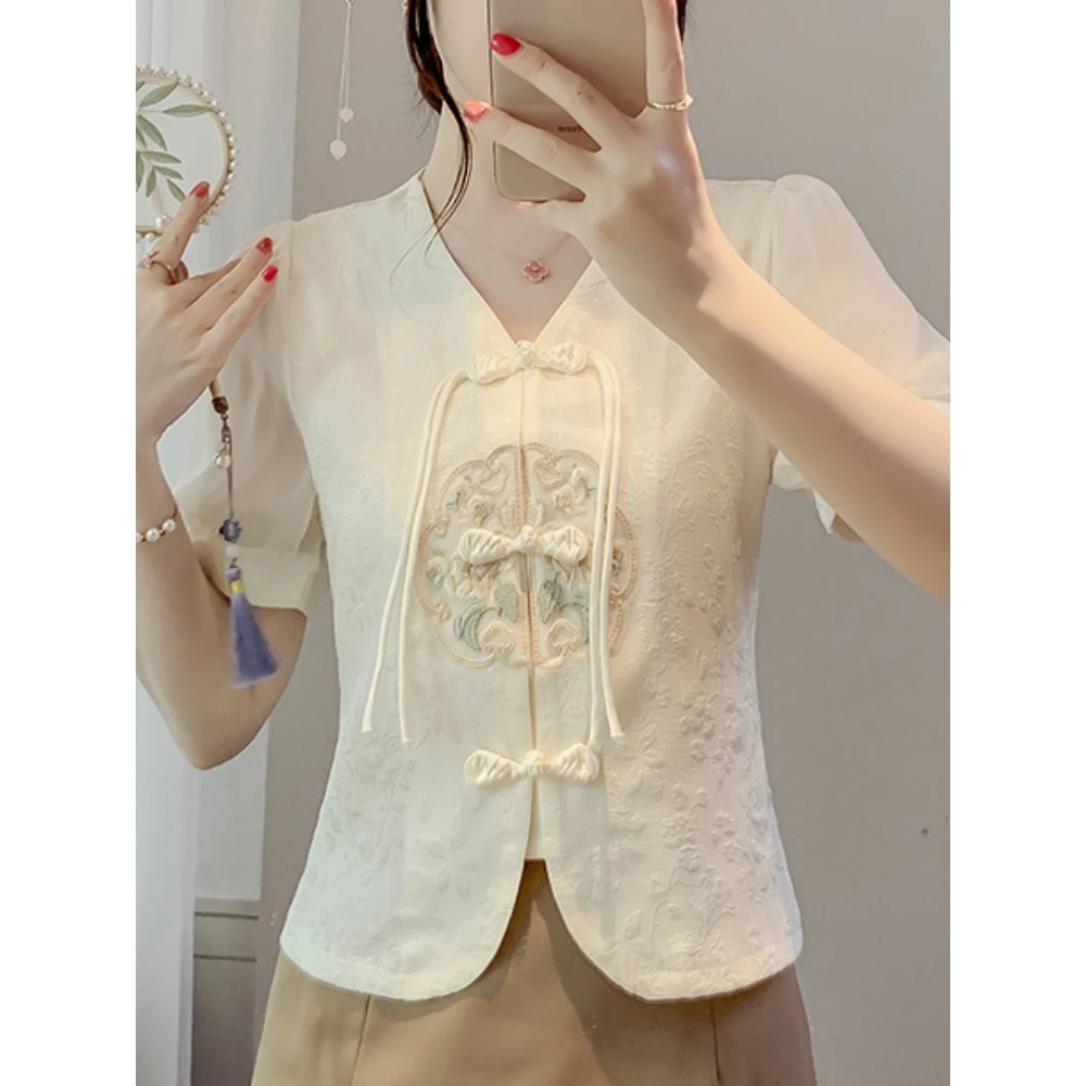 新中式V领盘扣衬衫女夏季2025新款重工刺绣短袖上衣复古提花小衫