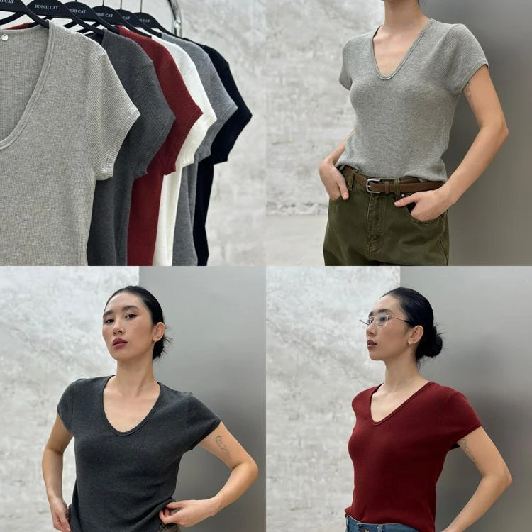 BodhlCat极细美丽诺U领竖坑条纯色百搭针织羊毛衫衫女士半袖紧身