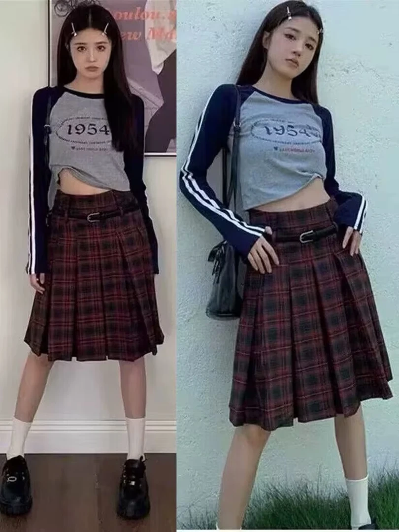 美式复古学院风格纹jk百褶裙女大码秋冬红色格子半裙中长款半身裙