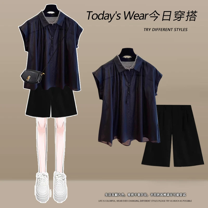 奶系穿搭一整套女夏大码胖mm遮肉显瘦无袖上衣休闲百搭短裤两件套