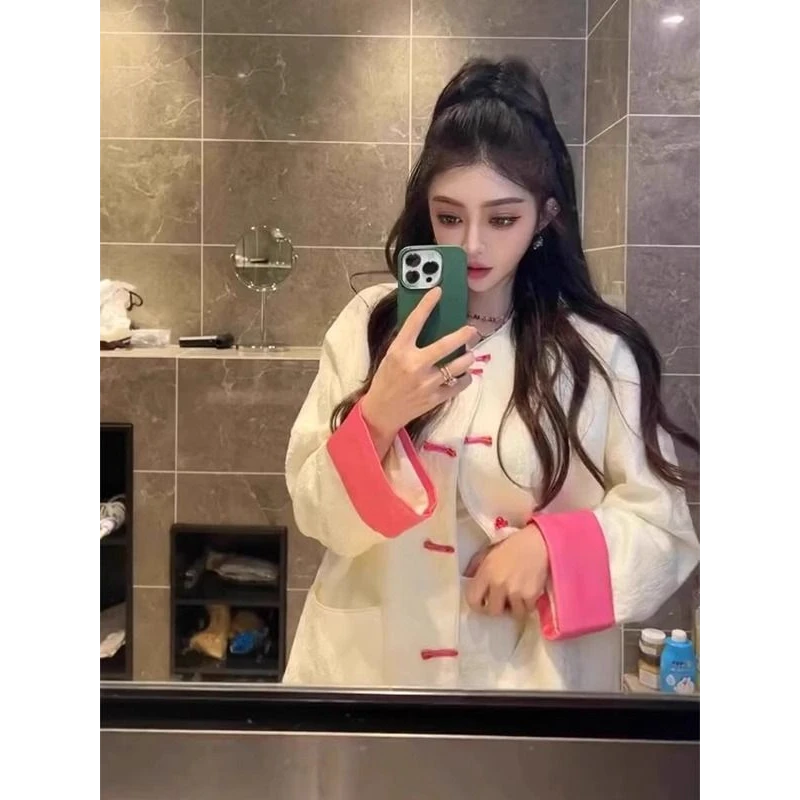 新中式轻国风提花盘扣外套女春秋季大码宽松甜美流行好看粉色上衣