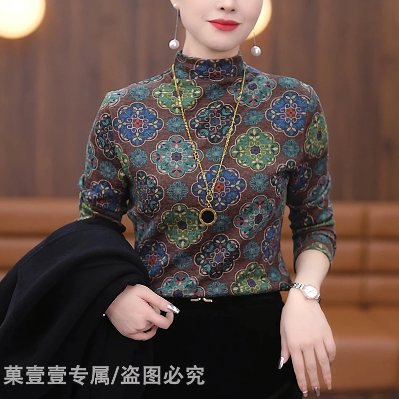 加绒保暖条纹打底衫  2024秋冬气质女装修饰半高领内搭洋气上衣