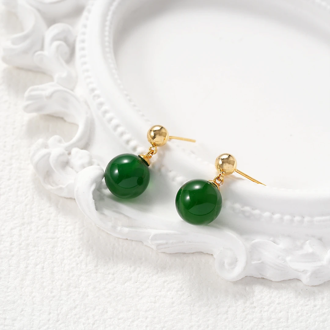 轻奢玉髓925银针耳钉时尚复古气质绿色玉髓百搭耳钉ES-195