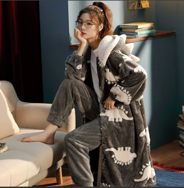 秋冬季睡衣长袖袍套舒适时尚加绒加厚锁温可外穿家居服柔软保暖