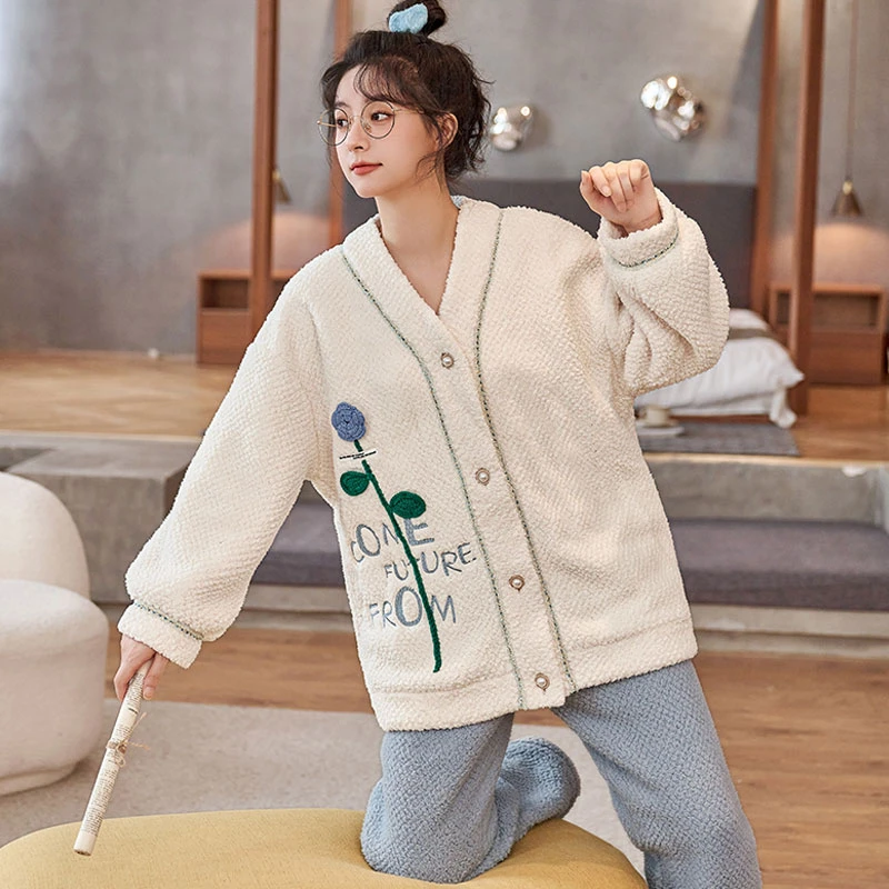 花花睡衣女冬季保暖女士休闲套装秋冬新款加绒加厚家居服