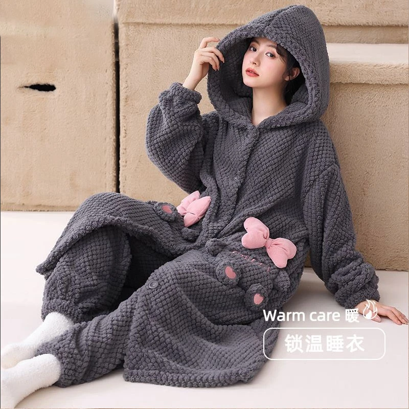2025冬季睡衣时尚简约高级感蝴蝶结舒适长袖气质保暖家居服可外穿