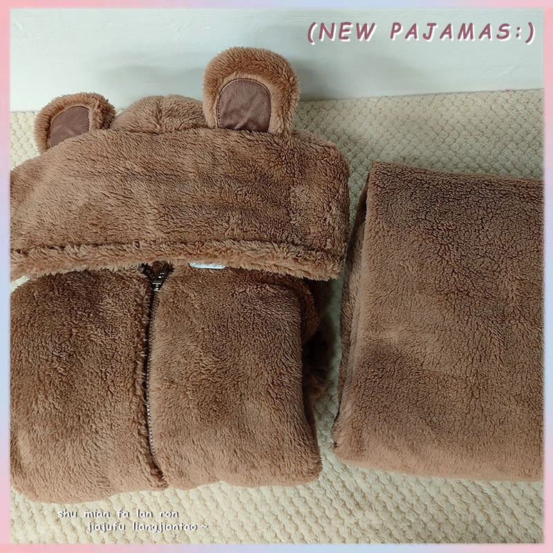 连帽秋冬季加绒加厚家居服长袖舒适简约保暖睡衣可外穿女士套装