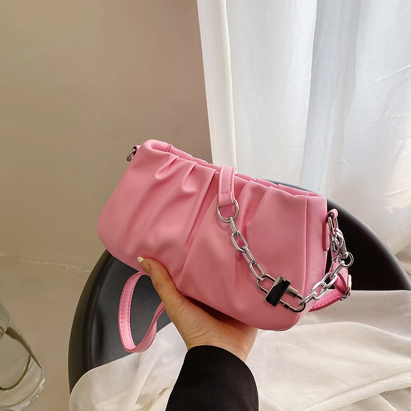 2024夏季新款时尚褶皱链条腋下小方包质感百搭斜挎单肩包女包