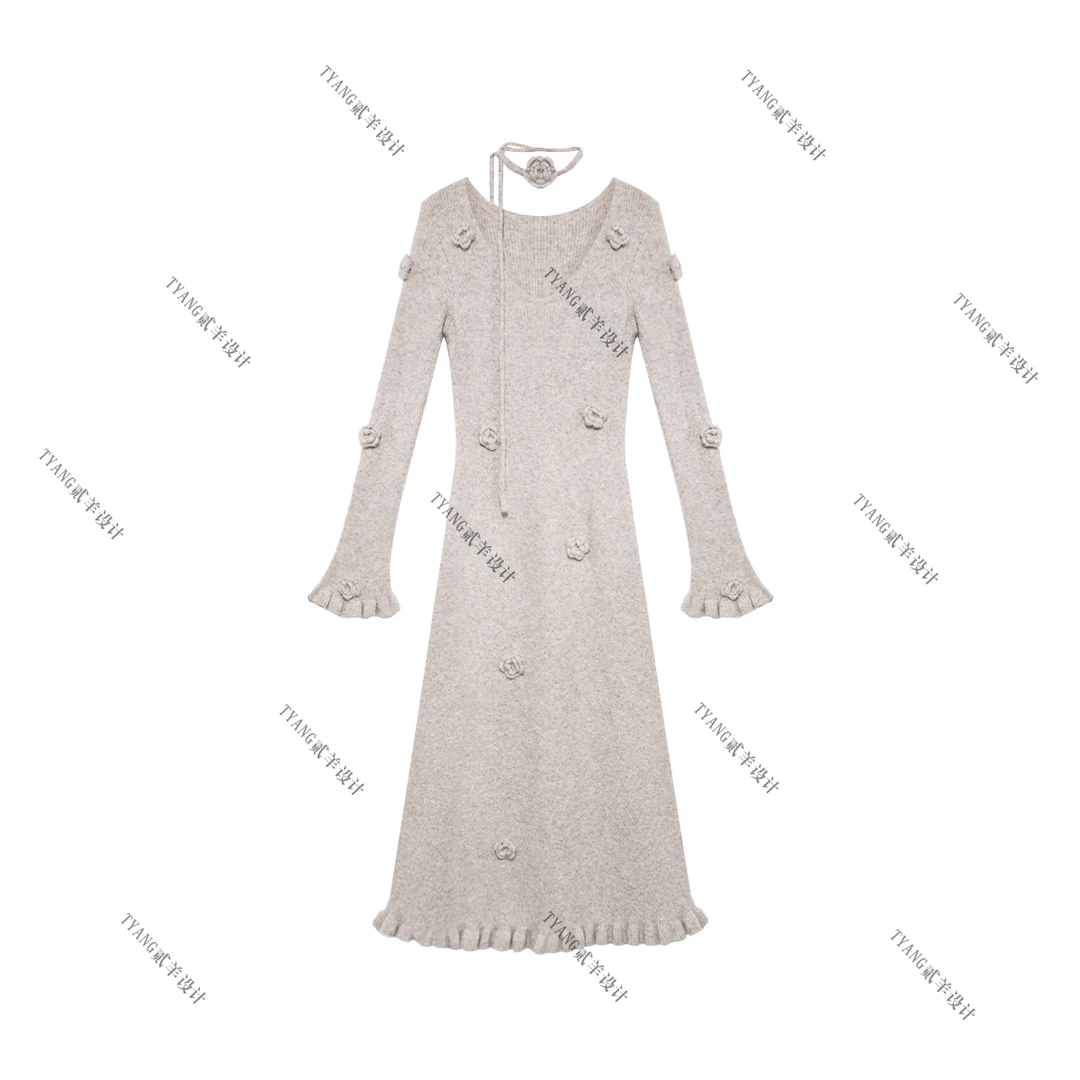 贰羊设计【岁岁年】法式复古红色钩花连衣裙子女秋冬羊毛针织长裙