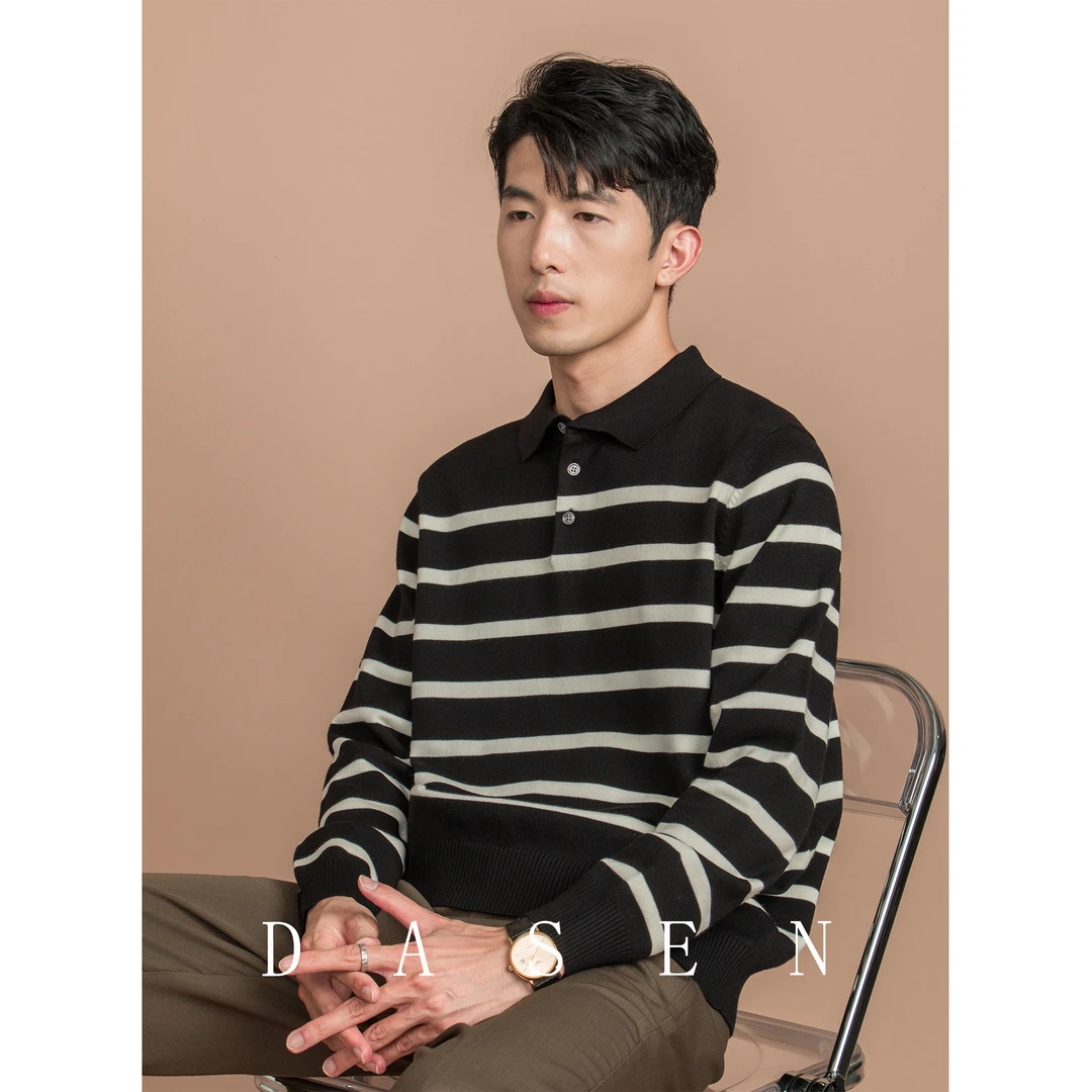 秋冬时尚经典条纹针织毛衣男士舒适休闲海魂衫撞色长袖T恤男上衣