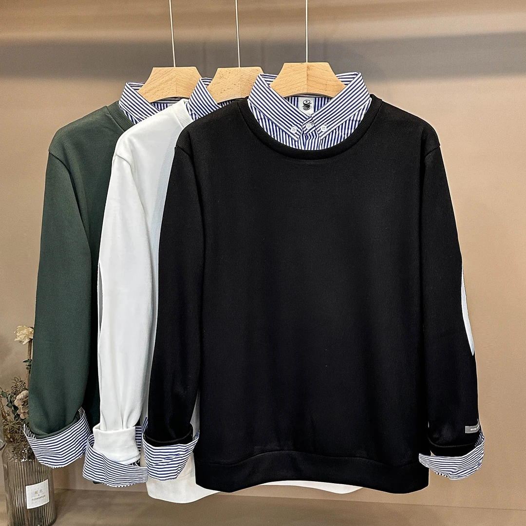 DASEN秋冬时尚假两件加绒卫衣男士休闲衬衫领拼接上衣百搭打底衫