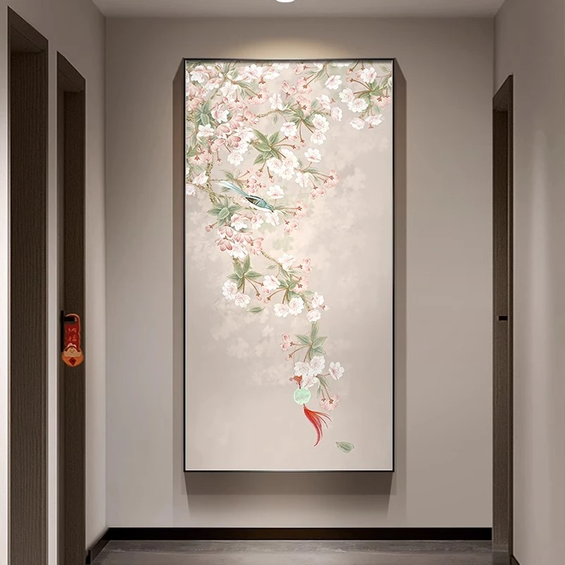 鹊上枝头入户玄关装饰画竖版新中式禅意走廊过道挂画花鸟茶室壁画