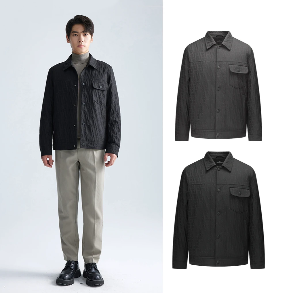 【拒水羽绒】利郎男士时尚薄款羽绒服短款经典印花翻领冬季保暖外套